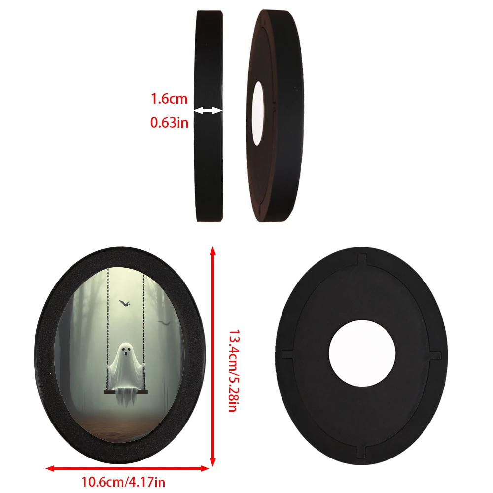 قطعة واحدة من ديكور بيضاوي تحت عنوان، إطار أسود قديم يظهر شبحًا على مشهد التأرجح، يخلق جوًا غامضًا وحيداً، Su #6