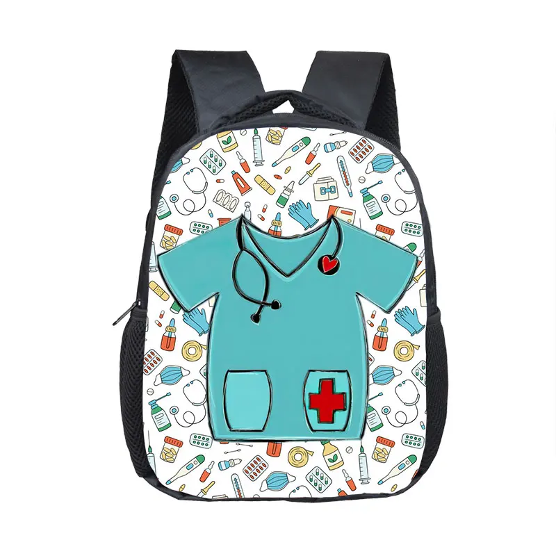 Seringa de estetoscópio médico infantil padrão mochila, bonitos sacos de escola, impressão, médico, enfermeira, enfermeira, pequeno, criança, criança, crianças