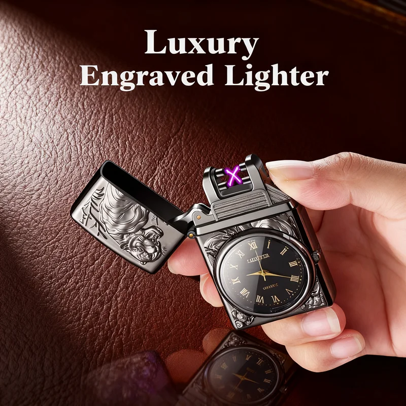 

Metal Windproof Lighter Embossed Electronic Watch Design Dual Arc Pulse Rechargeable Cigarette Lighter Gift Smoking Accessories