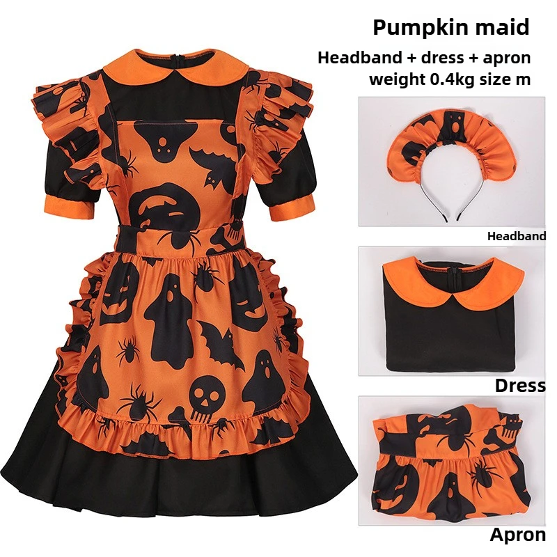 

Halloween Dress Pumpkin Pattern Maid Dress Game Anime Role Cosplay Costume Festival Party Carnival Dress Suit Adult Women Outfit