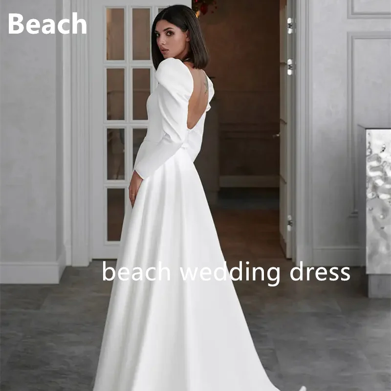 A-Line Wedding Dress Long Sleeve Square Collar Side Slit Simple Satin Open Back Beach Robe De Mariee Custom Made To Measures