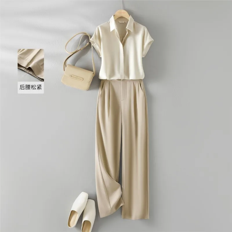 

New 2025 Khaki Short Sleeve Shirts And Wide Leg Pant Set Button T-shirts Top + Elastic Wasit Long Trouser Casual Chic Women Sets