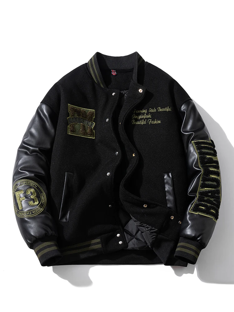 Durable Men's Autumn Winter Baseball Jacket – American Retro Thickened Cotton Casual Outerwear, Loose Fit Warm Polyester Fiber