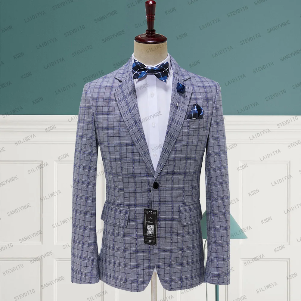 

2023 New Arrival Men Suit Fashion Boutique Grey Blue Plaid Casual Business Male Groom Wedding Tuxedo Dress Blazers Coat Jacket