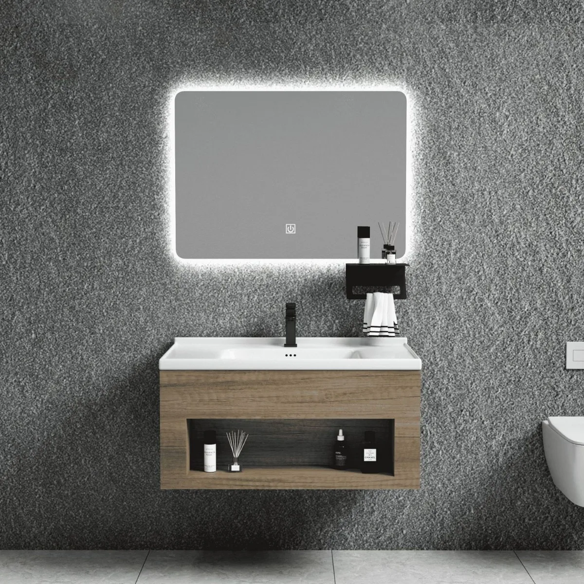 خزانة حوض بلاطة صخرية معدنية جديدة لعام 2025، مرآة ذكية للحمام، مقاومة للماء، حوض غسيل متكامل من السيراميك #3