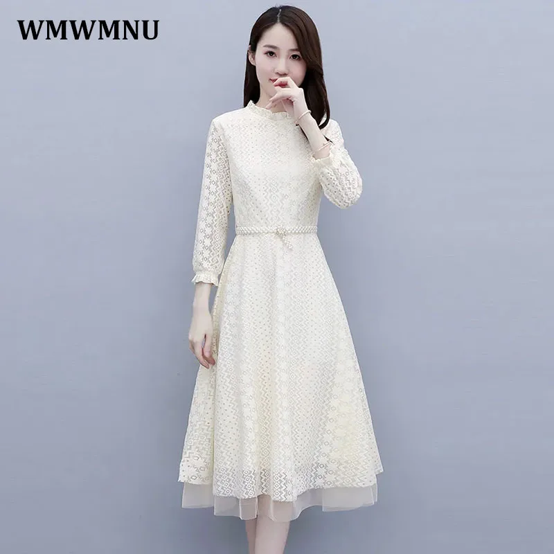 

Korean Fashion Hollow Out Mesh Lace Dress Women Elegant Wrist Sleeve Mid-Length Party Dress Vintage Pearl Belt A-Line Vestidos