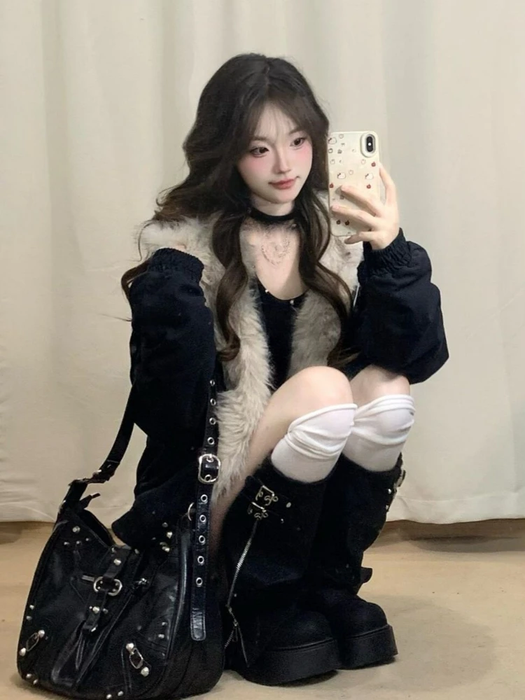 Y2k American Vintage Long Sleeve Parkas Women Casual Pure Color Zipper Jacket Denim Retro Sweet High Waist 2025 Autumn