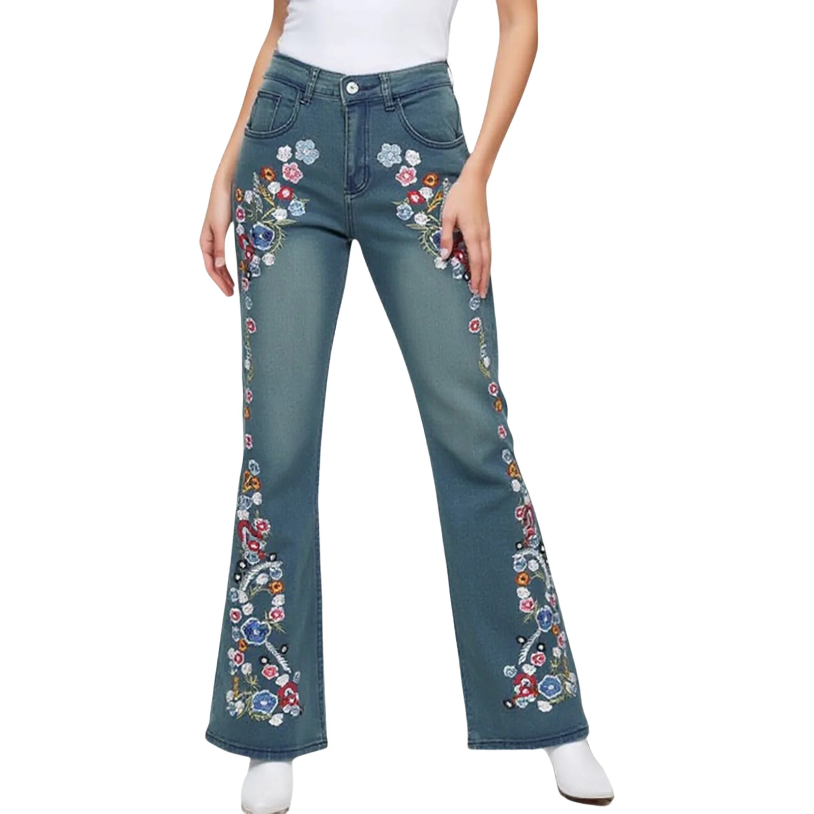 

Women Exquisite Floral Embroidery Flared Jeans Fashion Party Bell Bottom Denim Pants Trousers for Office Daily Outings Casual