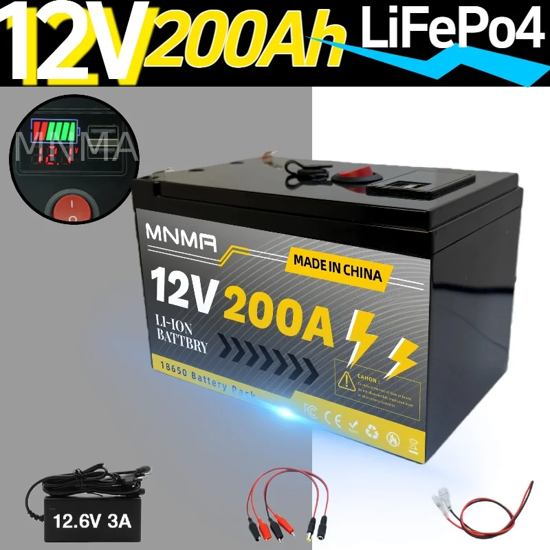

12V 200Ah Lithium Rechargeable LiFeP04 Battery Deep Cycle for Solar Power,Scooters,Power Wheels,Fish Finder,Built-in BMS
