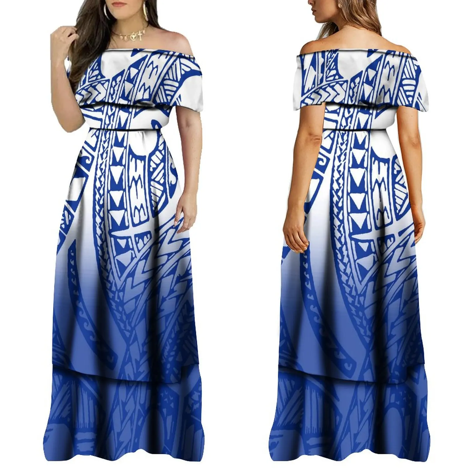 High Quality Women'S Off-The-Shoulder Dress Polynesian Islands Samoa Fiji National Floral Custom Design Slim-Fit Long Dress