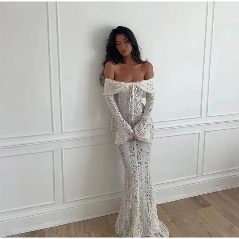 

European and American Women's Clothing Fashionable Elegant and Sexy One-word Shoulder Tube Top Lace Dress
