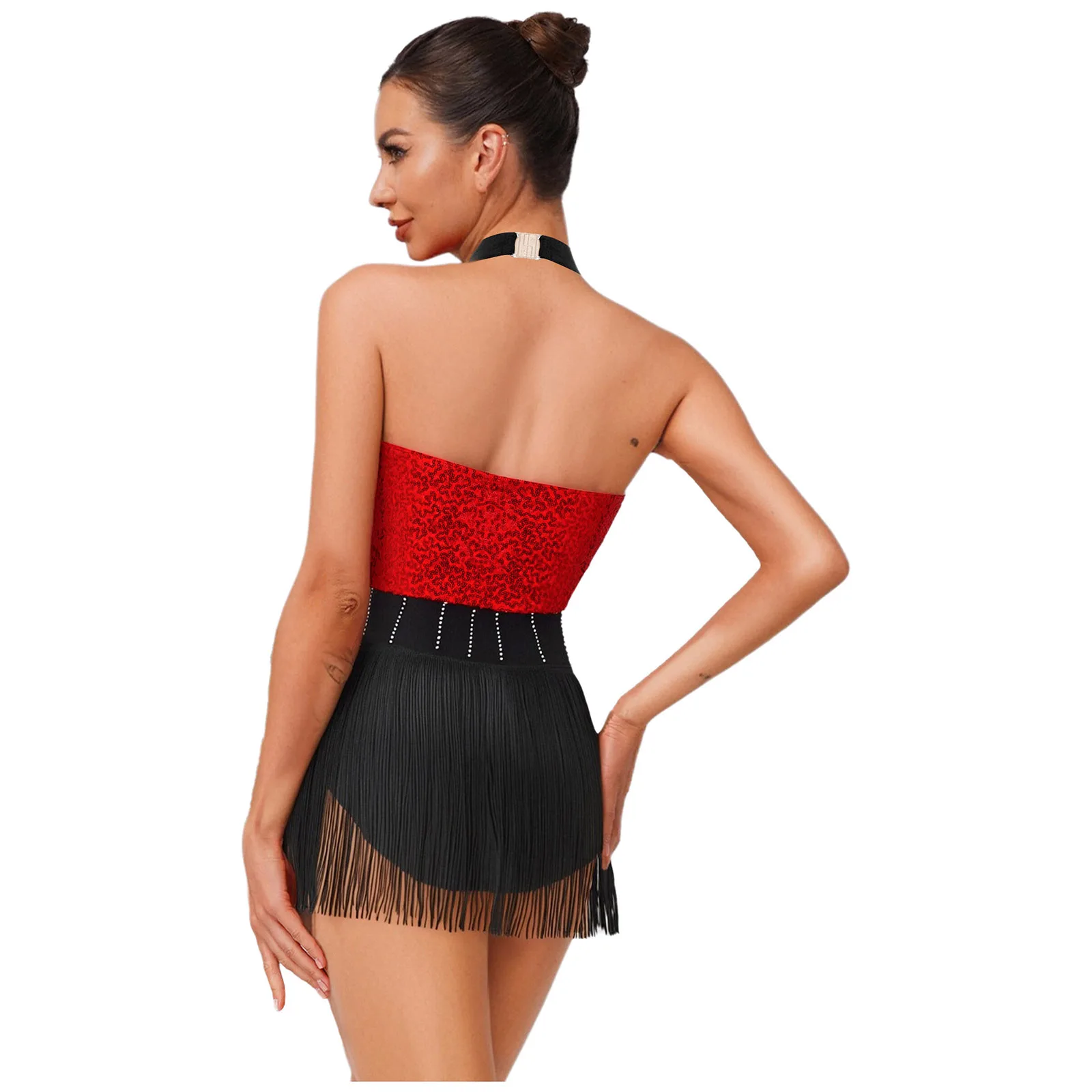 Women Jazz Latin Dance Leotard Tango Cha-cha Salsa Ballroom Performance Costumes Shiny Sequins Tassel Fringe Dancewear Jumpsuits