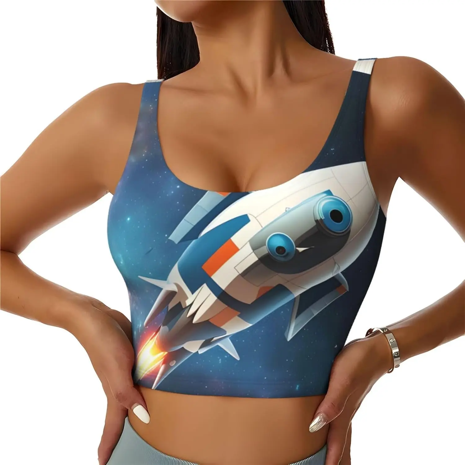 

Rocket in Space Printed Women's Sports Vest for Yoga Workout Fitness - Casual Sleeveless for Athletic Girls, Black, Large