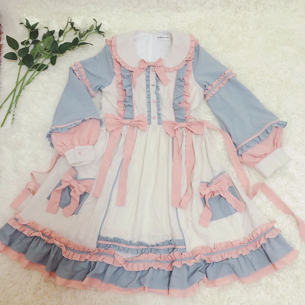 

A-line Knee-length Dress L-4XL Big Size Sweet Cute Bow Contrast Color Ruffles Long Sleeve Lantern Sleeve Peter Pan Collar Lolita