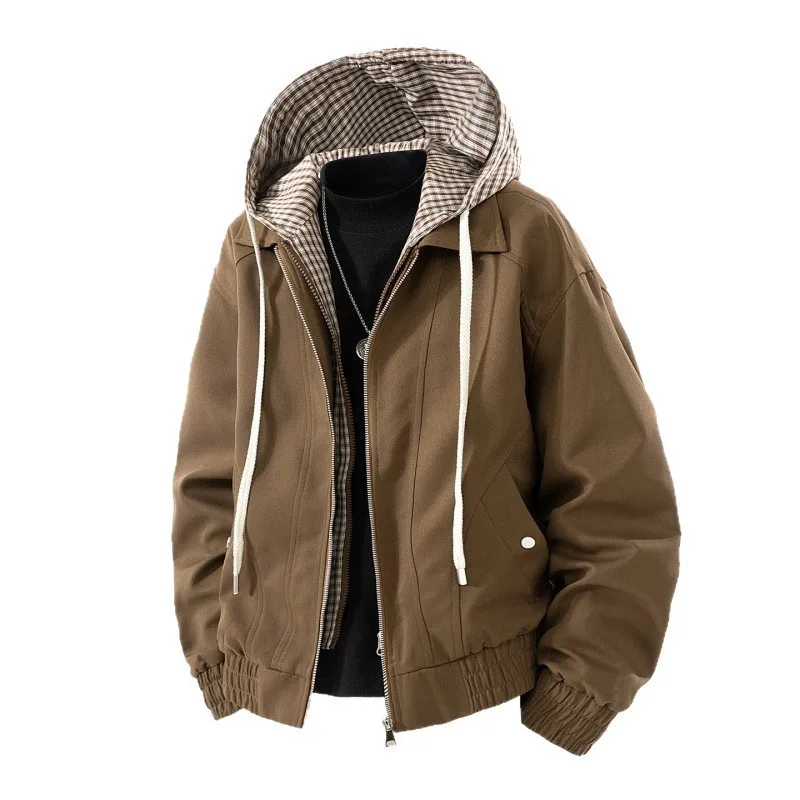 

Man Cargo Jacket Autumn Fashion Plaid Patchwork Male Fake Two-piece Coat Long Sleeve Zipper Casual Men Hooded Outerwear