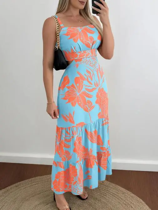 เดรสผู้หญิง 2026 ลายดอกไม้ใหม่ คอเหลี่ยม สายปรับได้ ช่วงหลังจับจีบ ชุดเดรสยาวลำลอง ช่วงเอวเว้า ชุดเดรสสำหรับวันหยุด