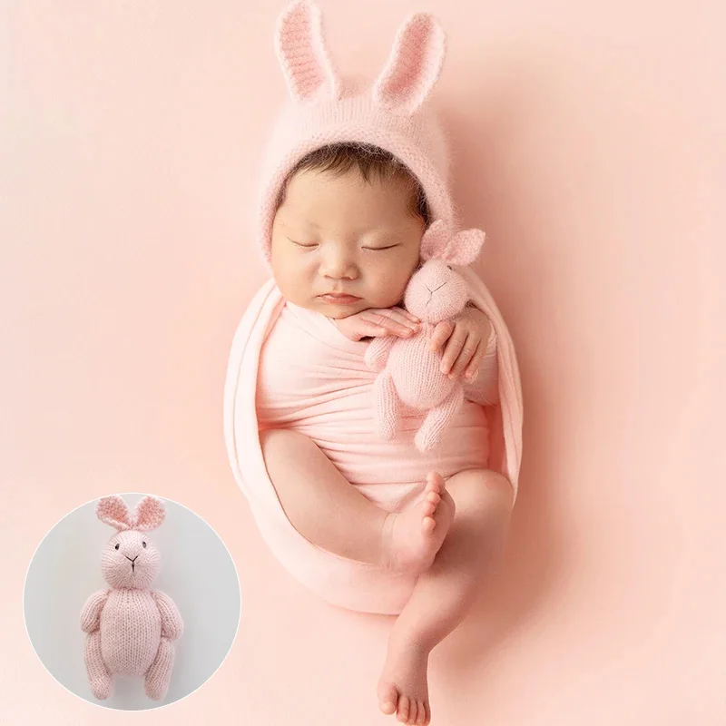 Handmade Knitted Cartoon Bunny Dolls Newborn Photography Accessories Stuffed Animal Props Pacify Rabbit Toys Infant Photo Props