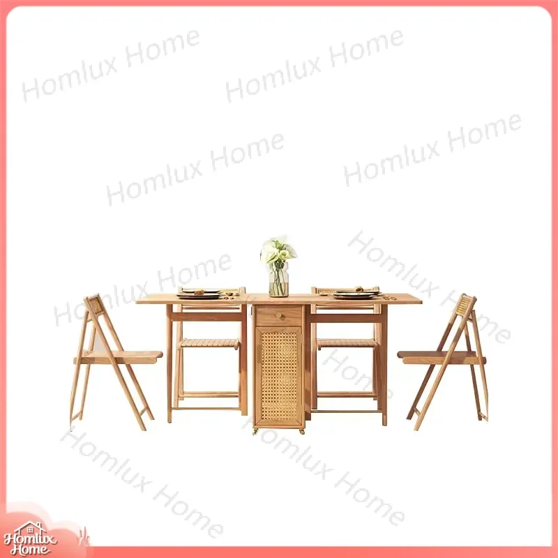 Japanese Style Folding Table Solid Wood Legs Portable Multi Functional Rattan Telescopic Dining Table for Small Space Home