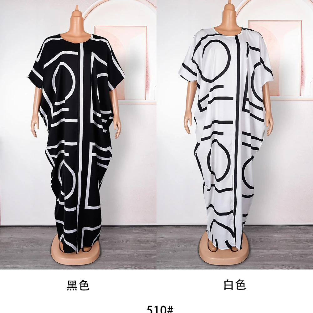 African Patchwork Color Contrast Letter Dress Muslim New Women's Fat Loose Large Size Long Robe 510#