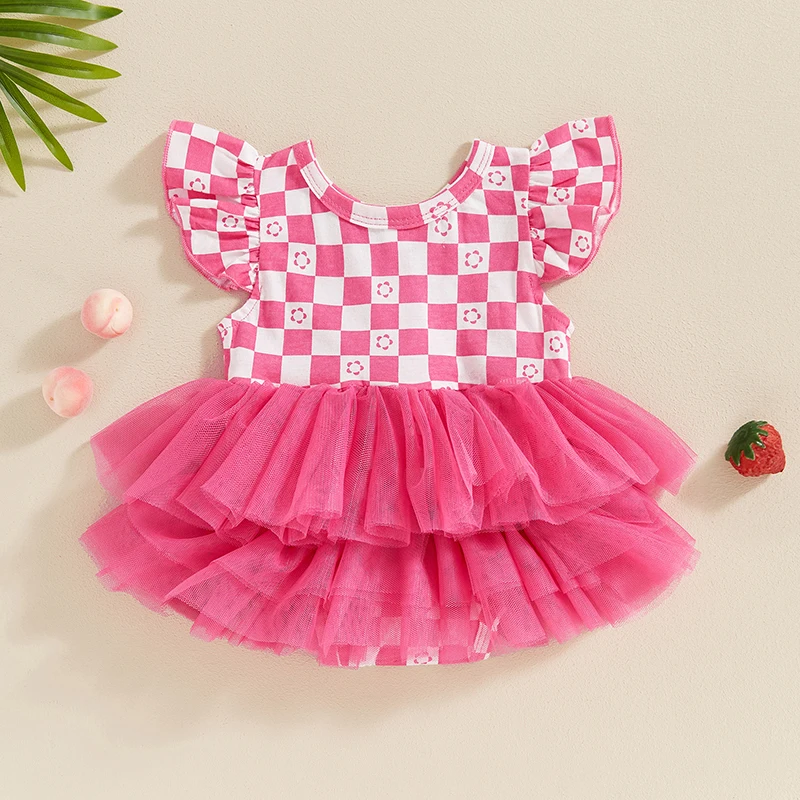 

Baby Girl Plaid Print Tulle Romper Dress Ruffle Sleeve Floral Bodysuit Mesh Tutu Skirt Infant Jumpsuit