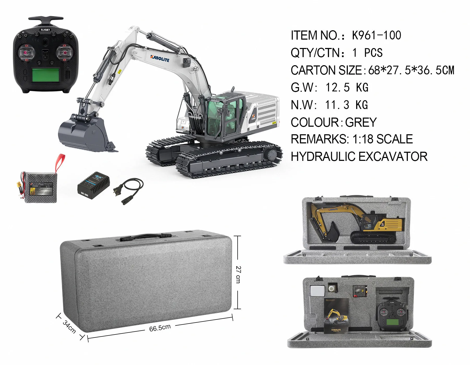 HUINA-Liga Hidráulica RC Escavadeira Modelo, Digger Light, Brinquedos de Controle Remoto, K961-100 Kabolite K961-100S, 1/18, Novo