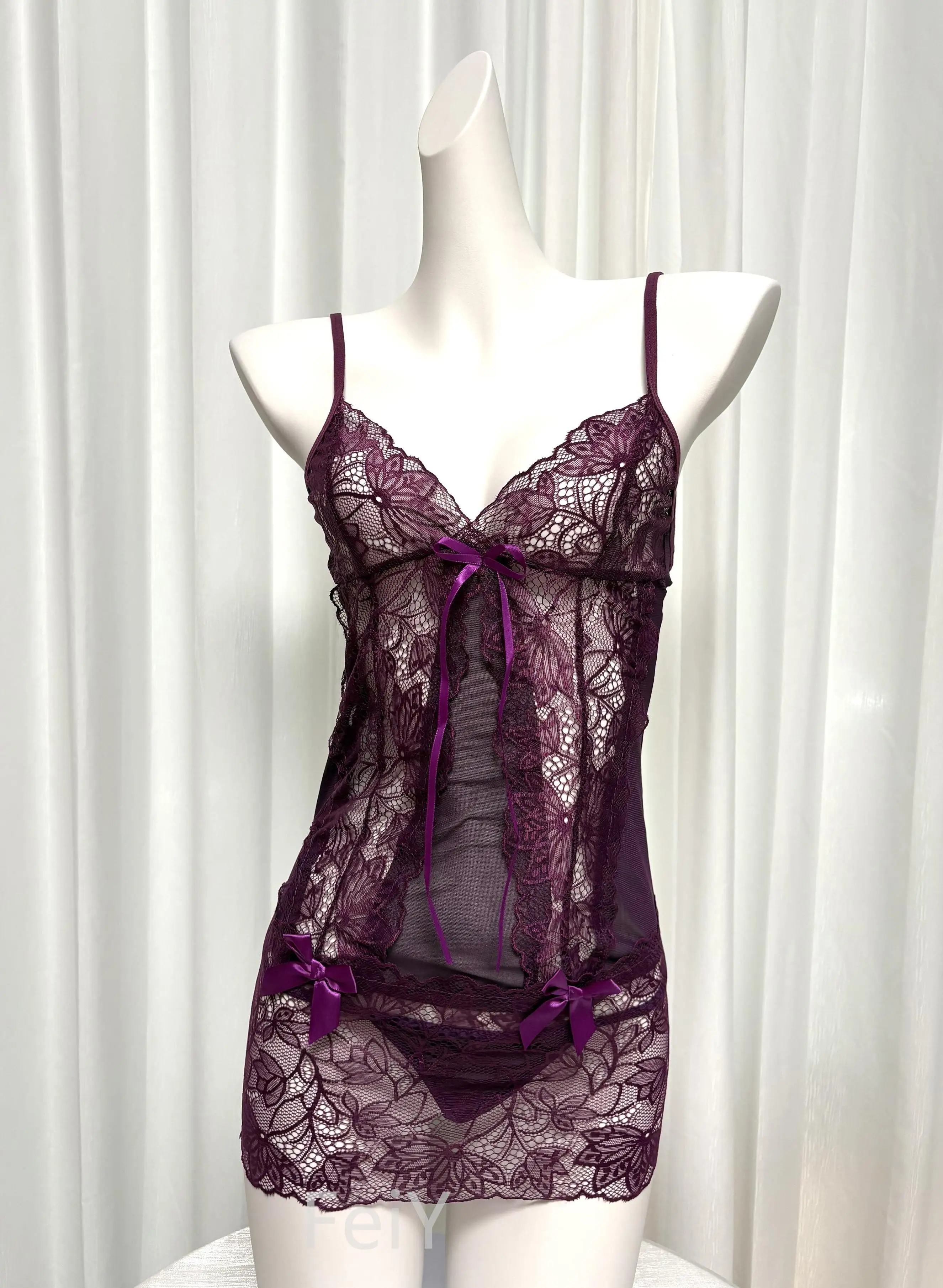 

High-quality erotic lingerie Set Sexy adult hot woman clothes Sheer mesh Purple Sheer Lace mini Provocative Sexy toi for Women