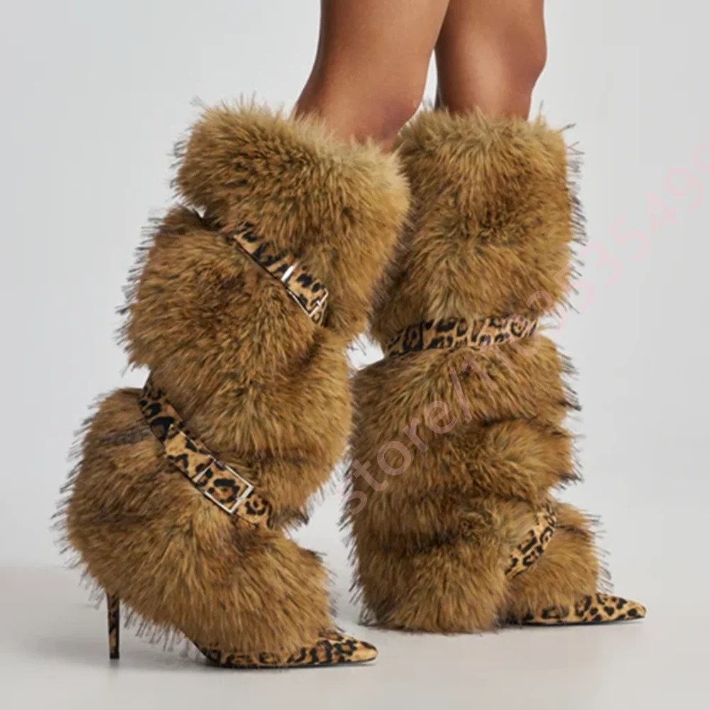 Women Leopard Print Knee High Boots Pointed Thin High Heel Metal Buckle Straps Winter Warm Furry Fashion Party Nightclub Boots