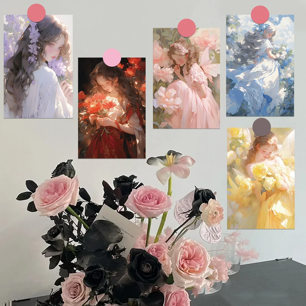 

10-Piece Floral Girl Postcard Greeting Cards for Indoor Bedroom Dorm Wall Decor Wall Decals