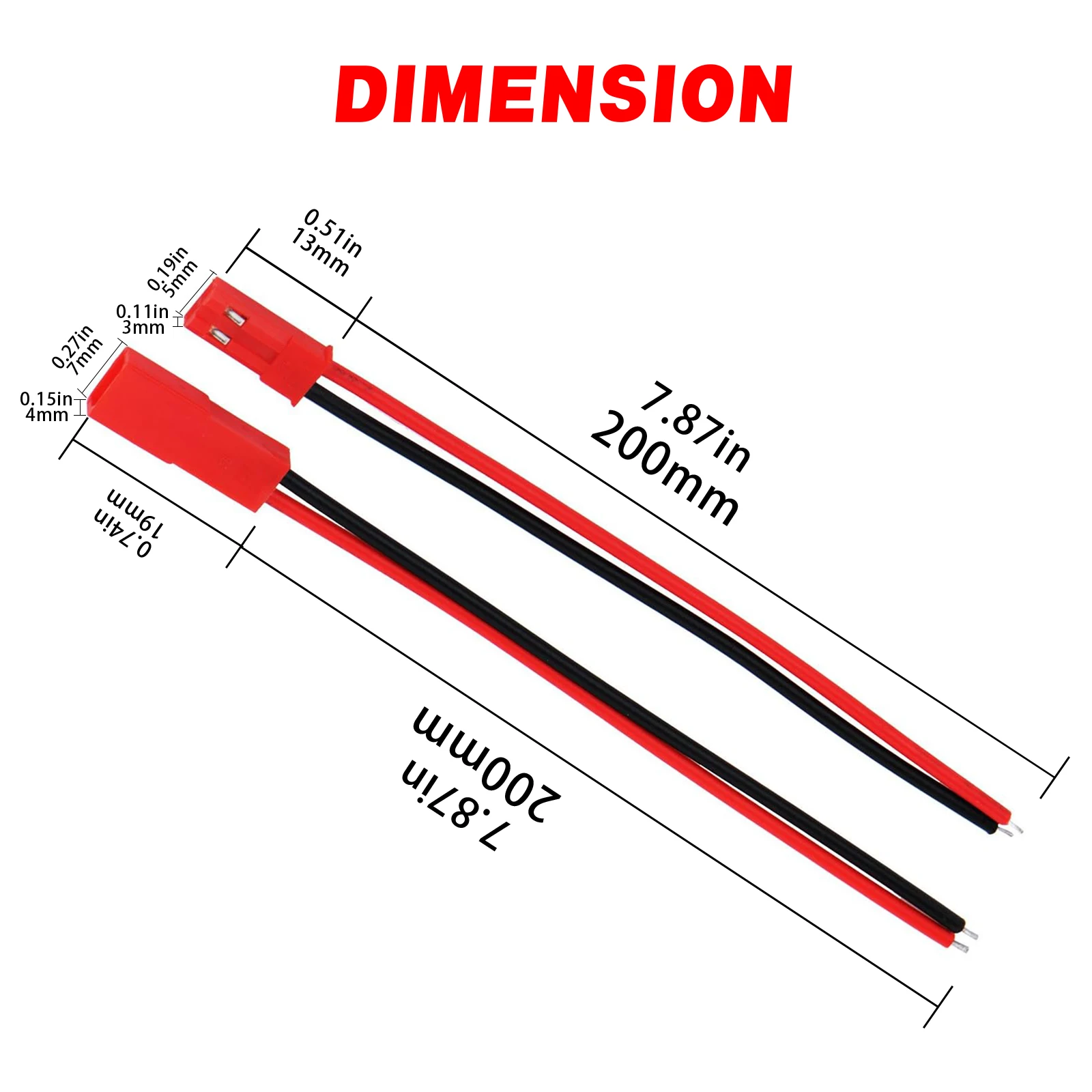 200mm JST Plug Connector 2P Male Female Cable Wire For RC  Toys Battery Helicopter DIY