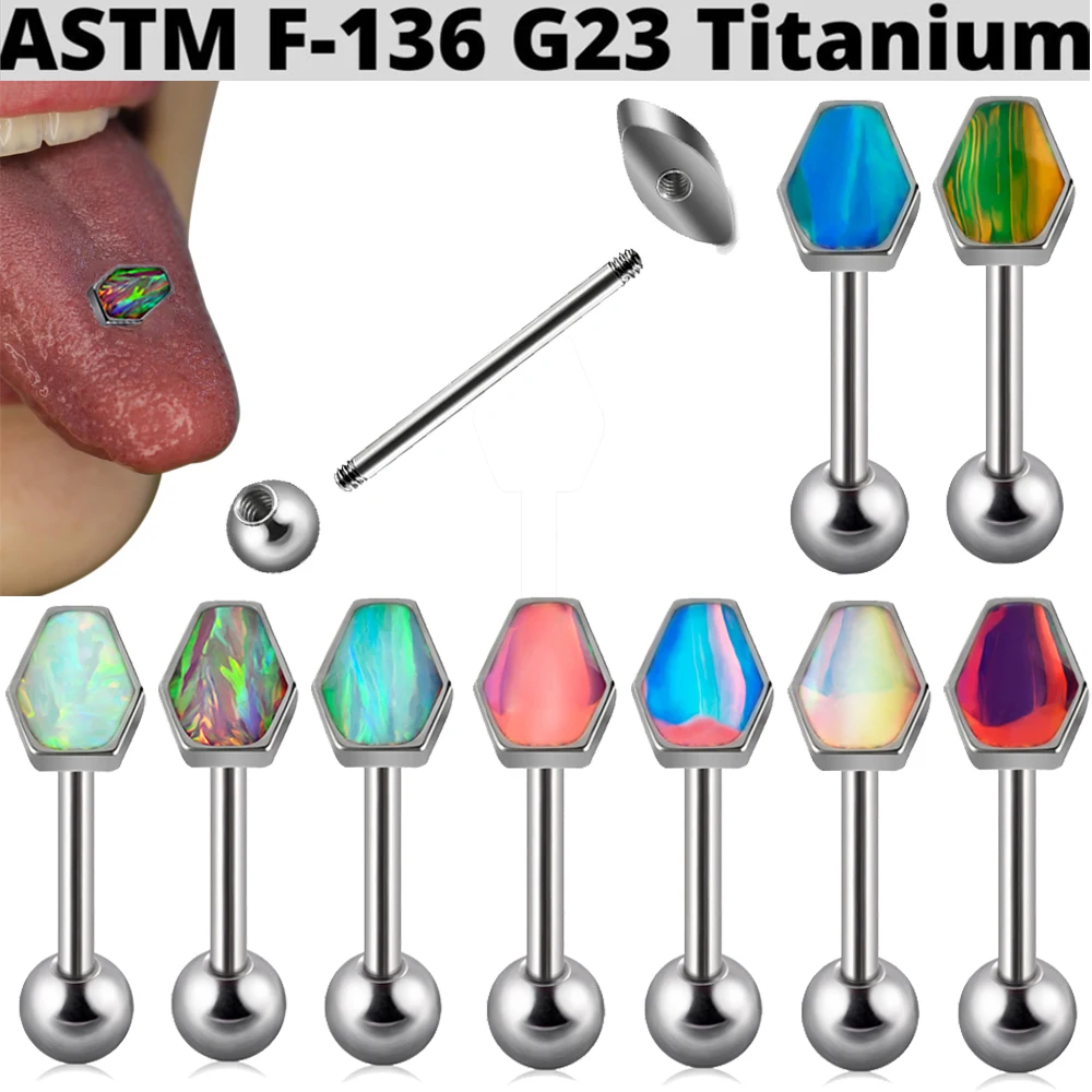 1PC Titanium Coffin Opal Tongue Barbell External thread Piercings Screw Barbell Flash Film Coffin Tongue Piercing Body  Jewelry