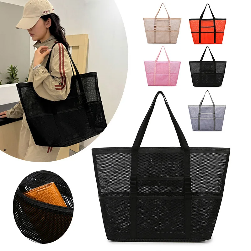 

Multifunctional Mesh Shoulder Bag Hollow Large Capacity Handbag Makeup Storage Bags Portable Travel Transparent Tote Beach Pack