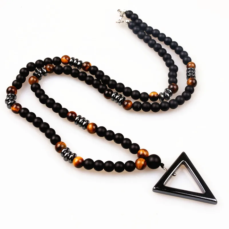 

Natural Stone Bead Necklace for Men,Tiger Eye Bead Hematite Triangle Pendants Necklace