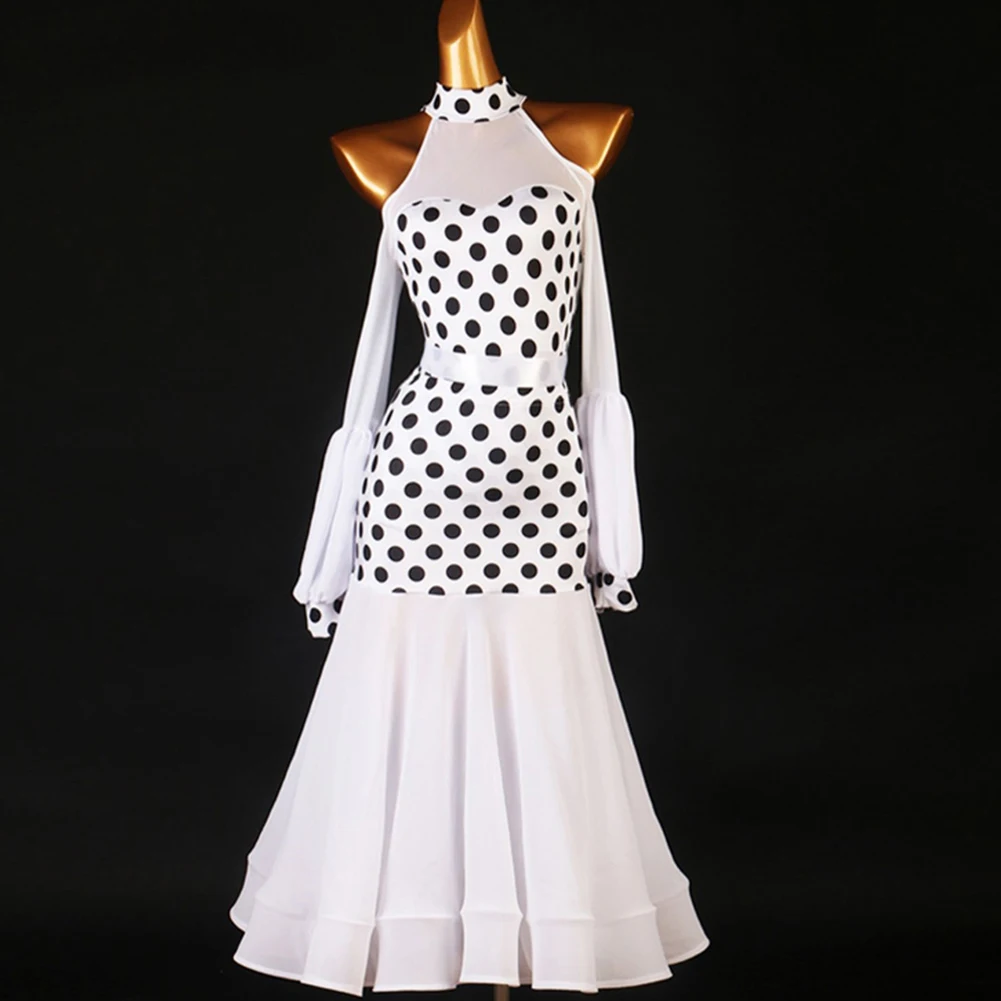 

Red Stage Dress White Waltz Ballroom Lantern Sleeve Dresses Off-Shoulder Polka Dot Large Dresses Ballroom Dress
