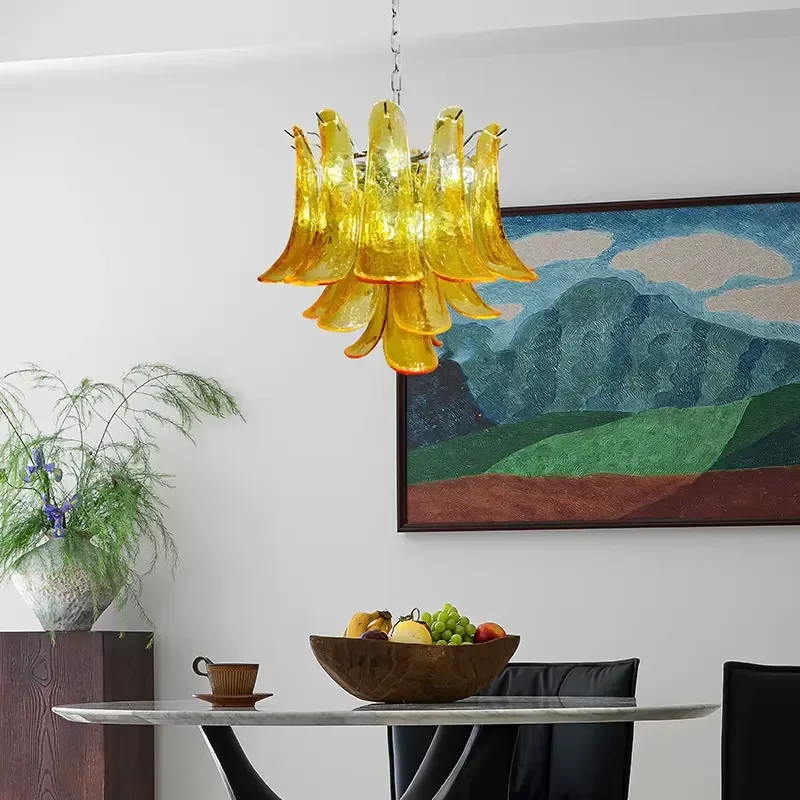 Handmade iron glass petal chandelier, vintage style, suitable for living room, French Murano style LED art lamp