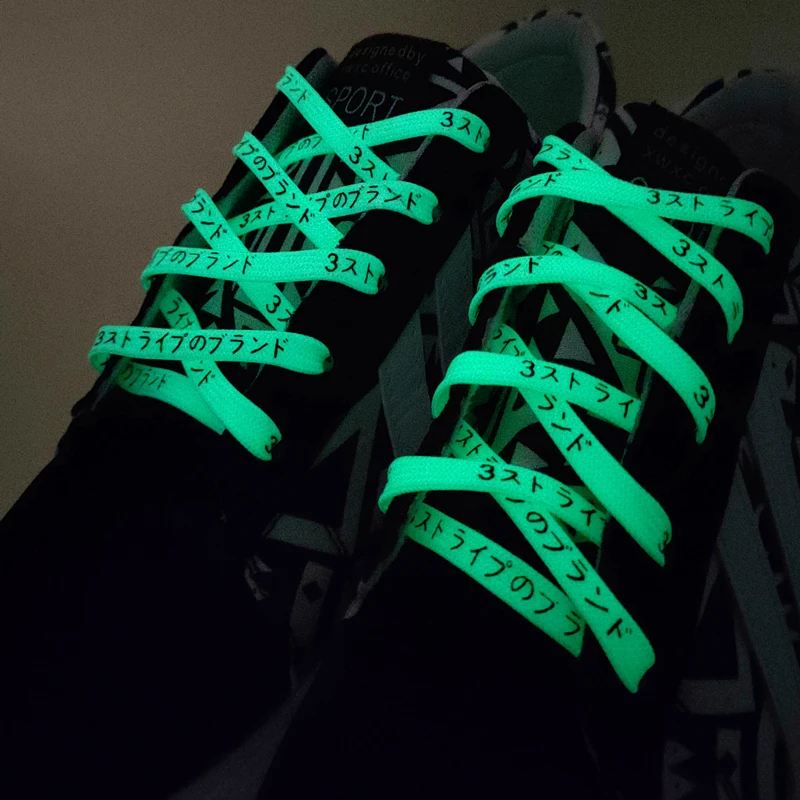 1 Pair Double Polyester Silk Screen Luminous Night Glow Shoelaces with Black Japanese Katakana Absorb Sunlight Neon in Dark Side