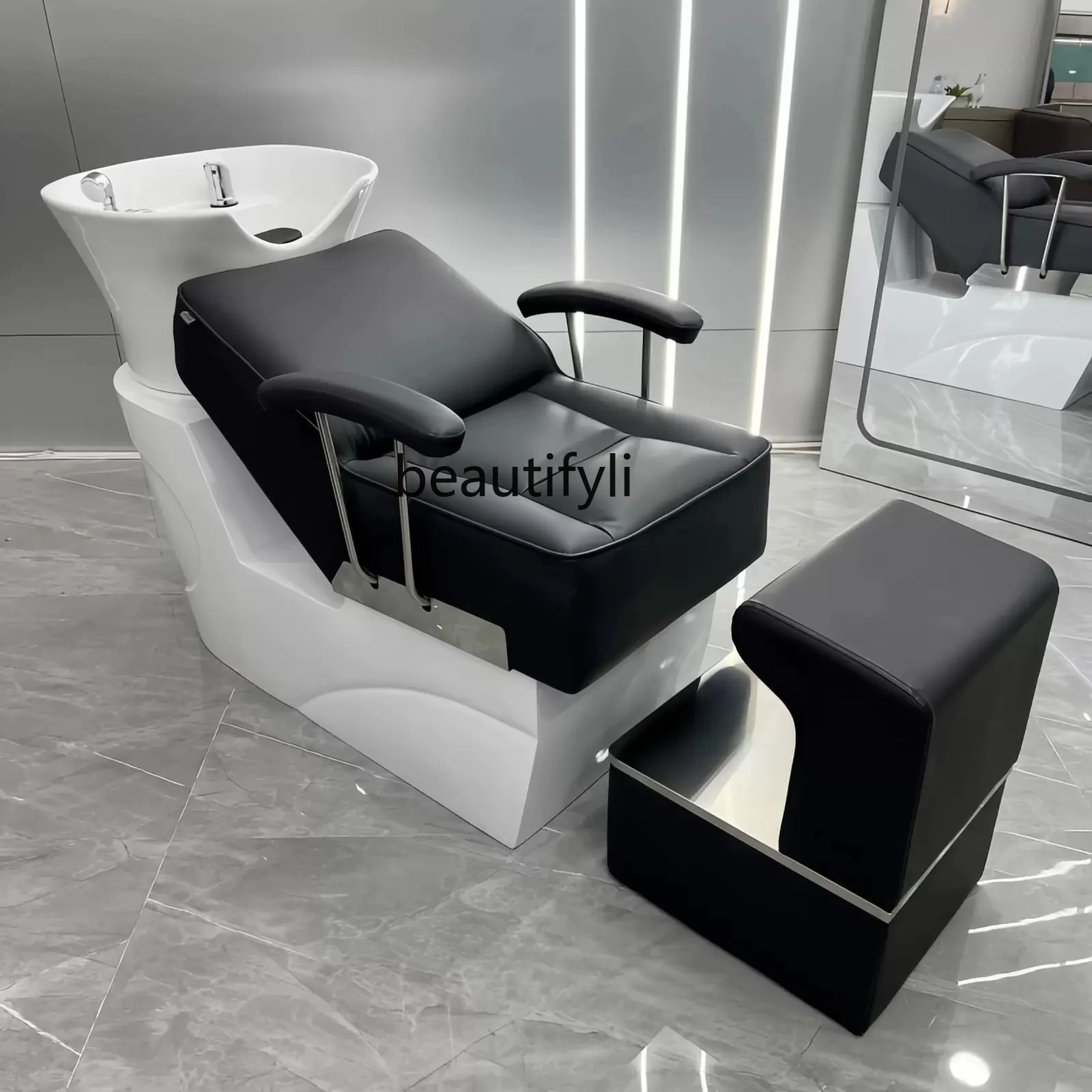 Barber Shop Shampoo Chair Ceramic Deep Basin Hair Salon Lying Half Stainless Steel Punch Bed