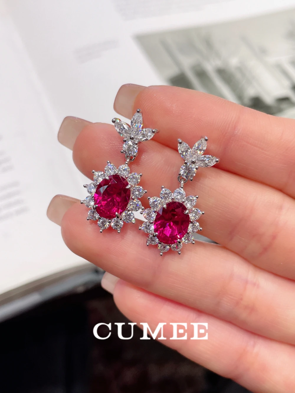 CUMEE Daily Fashion Cultivation Synthetic Ruby Earrings Earrings with 925 Sterling Silver Gold Plating