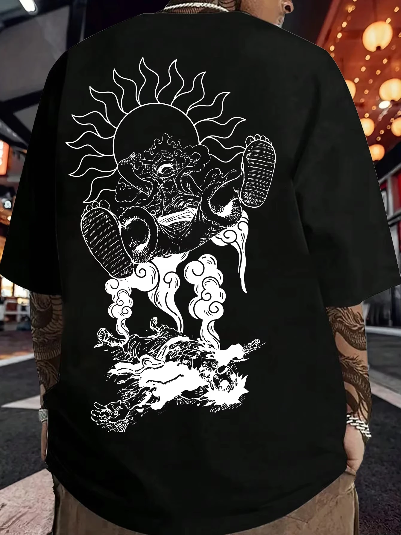 

2026 new One Piece - Black Cotton Street Style Japanese Anime Mythology Sun God Wave Pattern Loose Trend Short Sleeve