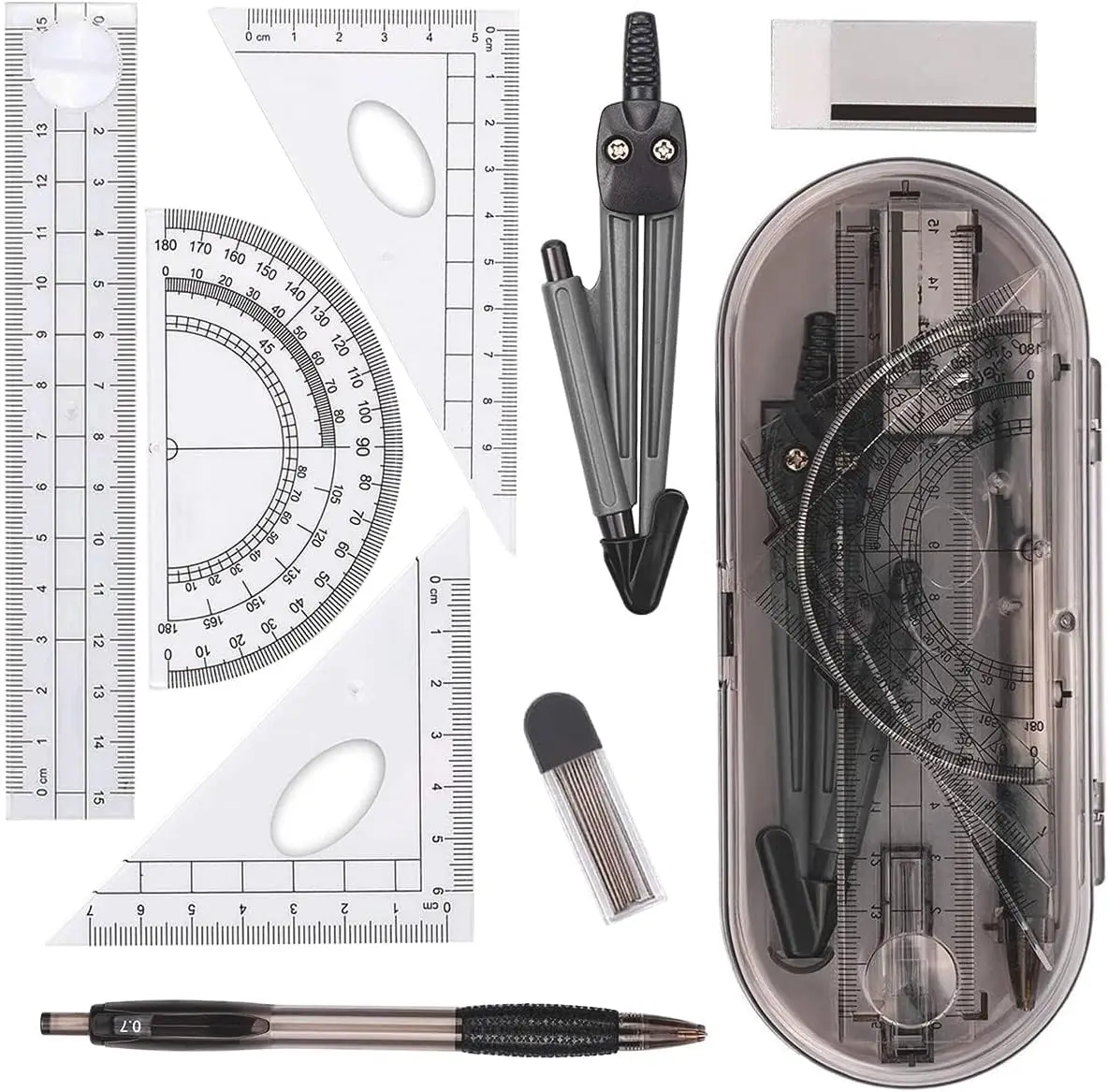 

8-Piece Math Geometry Kit with Shatterproof Box, Rulers, Compass, Pencil, Eraser for Students