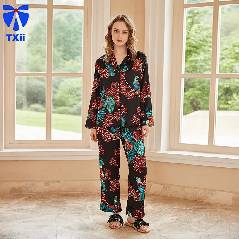 【Black Paradise Bird】comfortable Ice Silk Pajamas Women High-end Sense ins Style Lapel Spring/Summer Long Sleeve Home Suit