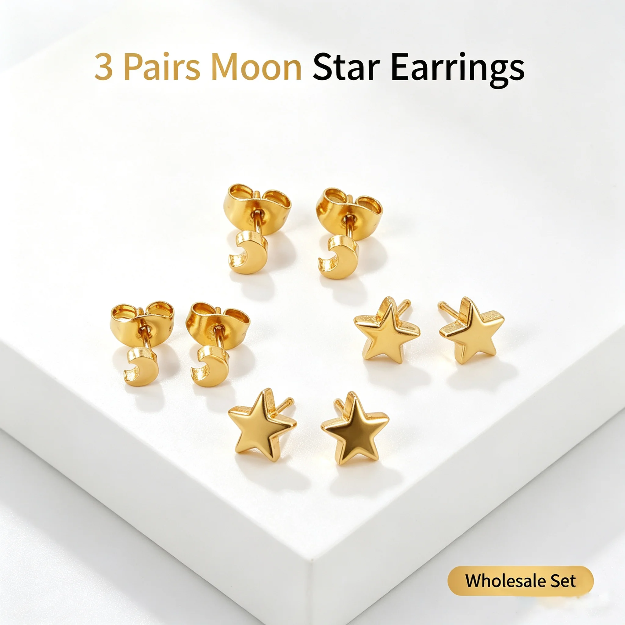 3Pairs Wholesale Stainless Steel Gold Plated Moon Star Stud Earrings Waterproof Tiny Piercing Jewelry Bulk Supply For Reseller