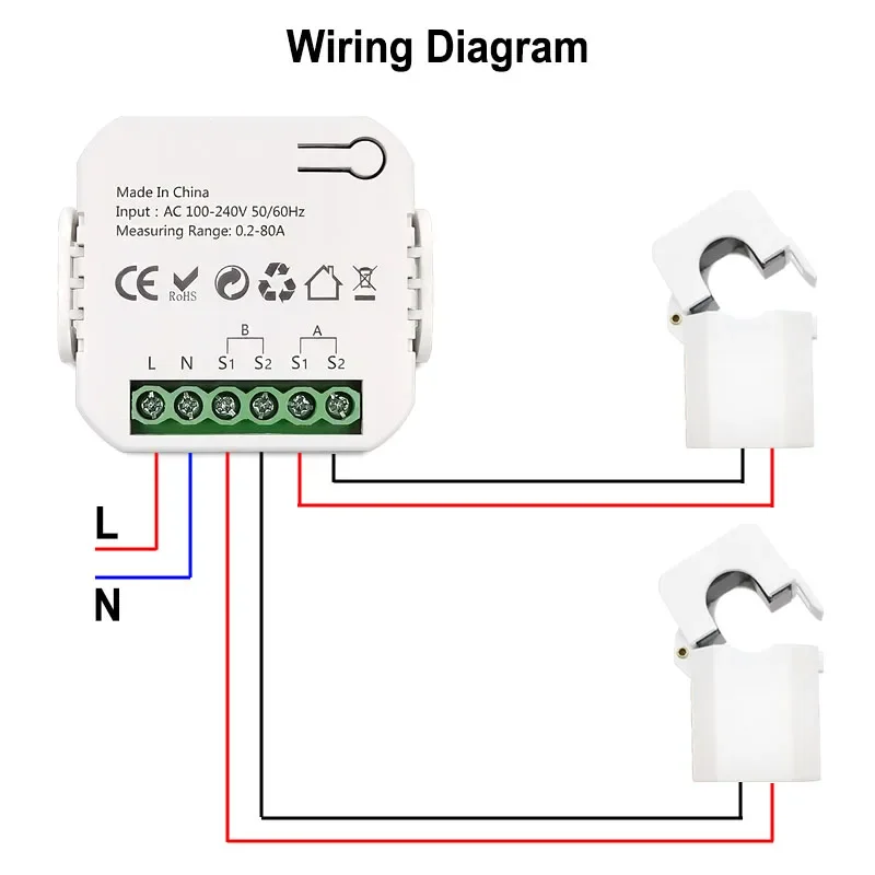 WIFI Bidirectional Energy Meter, 2 Channels, Clamp Current Sensor, Tuya Smart App Monitor, Power 80A, 110V, 240V, 50Hz, 60Hz