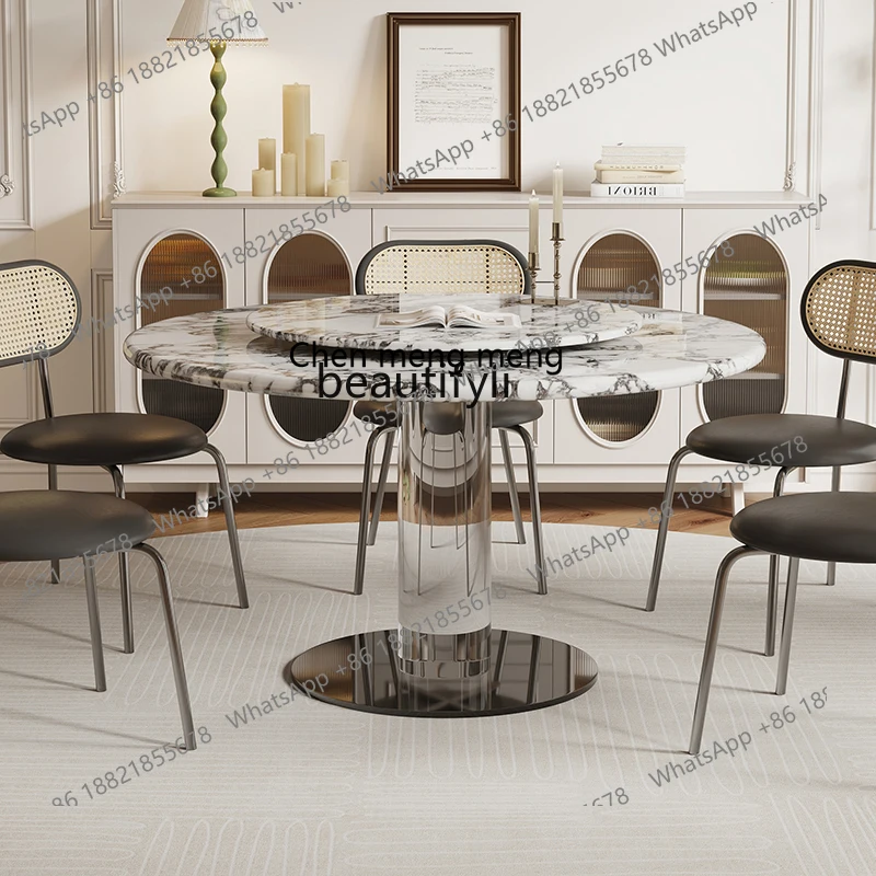 

French cream wind acrylic suspended natural marble round dining table household negotiation table and chairs