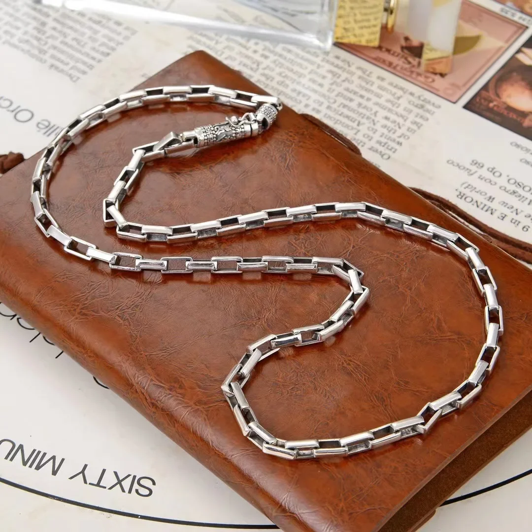 S925 Sterling Silver Square Ring Buckle Necklace Men's Fashion Brand Simple Personality Retro Ethnic Style Gift Wholesale