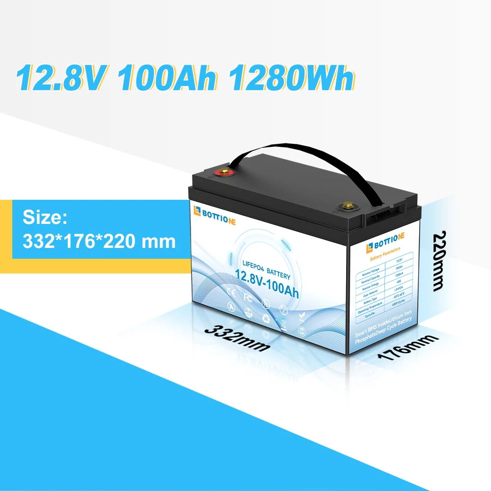 Factory Price For BOTTIONE LiFePO4 Battery 12.8V 100Ah With 100A BMS Energy Storage Battery For RV Campers Marine Trolling Motor