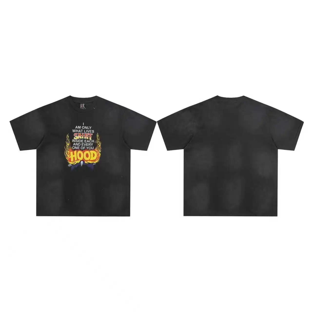 Saint Hood Flame Letter Print T Shirt Men Women Vintage Washed Oversized Graphic Tee Retro Hip Hop Streetwear Casual Short Tops