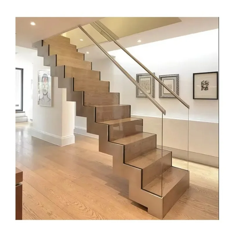 custom.Modern Design Steel Interior Stairs with Wood Tread and Railing Custom Straight Style Apartment Kitchen Use