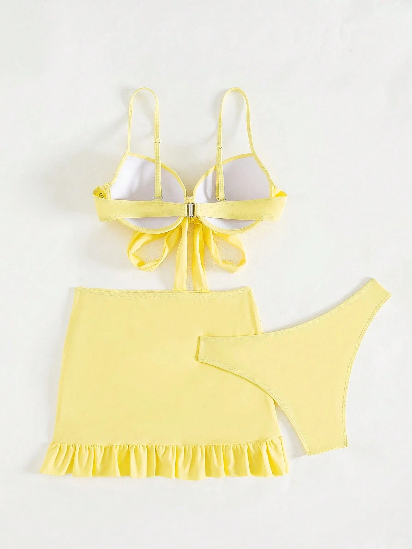 

Комплект из 3 предметов: желтый однотонный купальник-бикини с тонкими бретелями, бантом и оборками, с эффектом пуш-ап, для пляжного отдыха