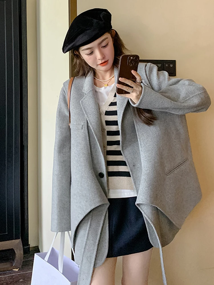 YERMORA Gray Irregular Big Size Elegant Woolen Coat New Lapel Long Sleeve Women Jacket Fashion Tide Autumn Winter 2024