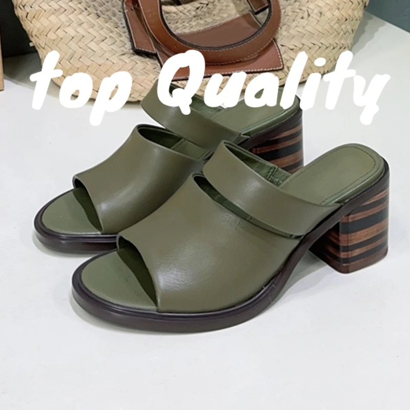 

New Women Slippers Real Leather One Strap Square Heel Slippers Summer Outside Peep Toe High Heels Slippers